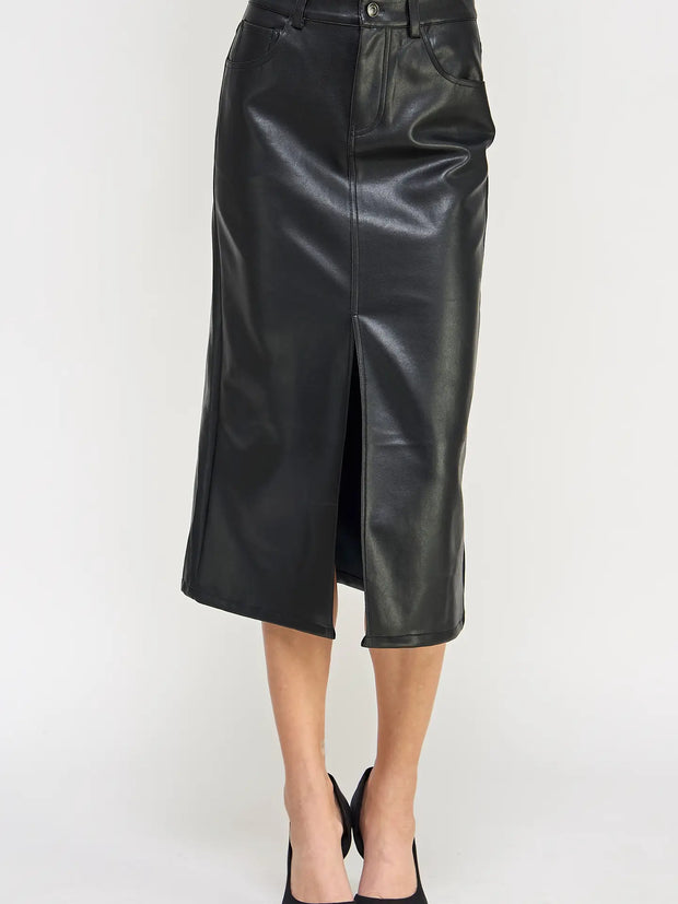 Black Faux Leather Midi Skirt