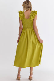 Chartreuse Ruffle Shoulder Midi Dress