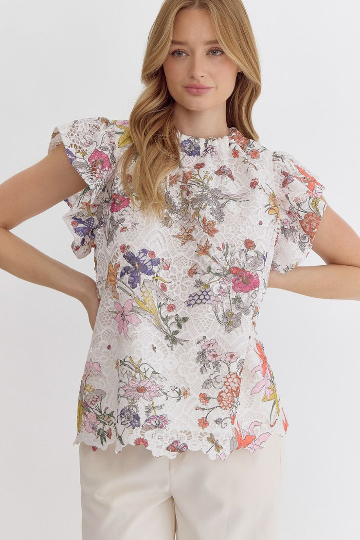 Lace Floral Ruffle Top - Small