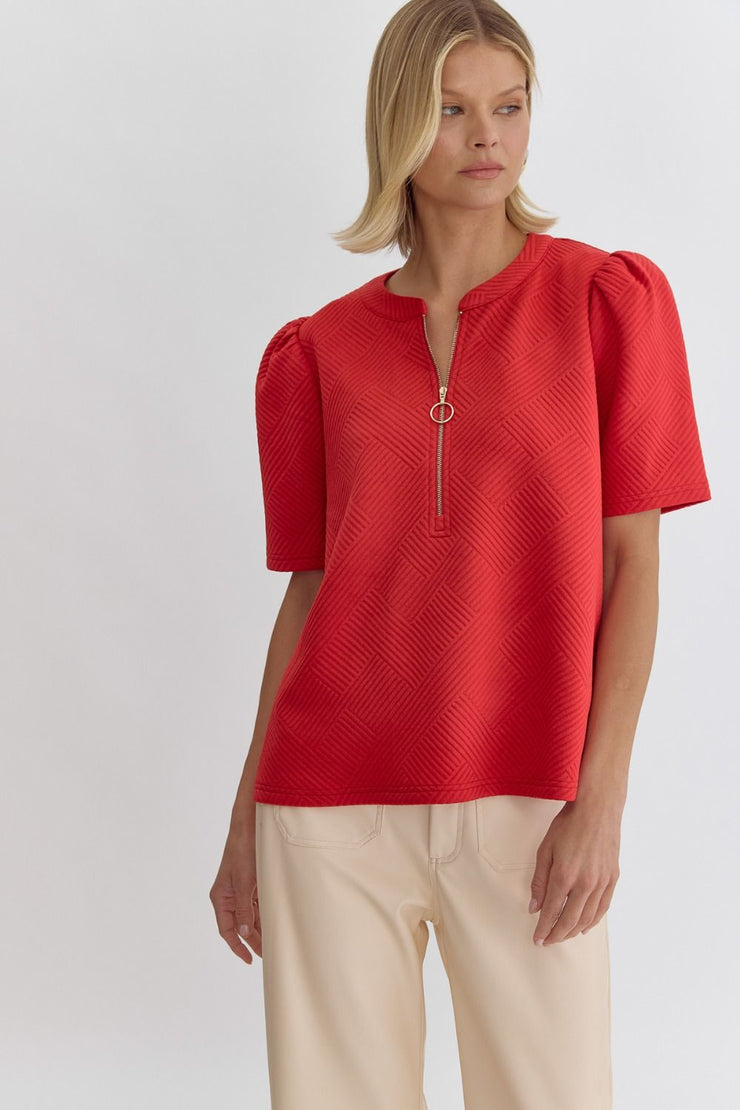 Red Zip Up Textured Top - Medium