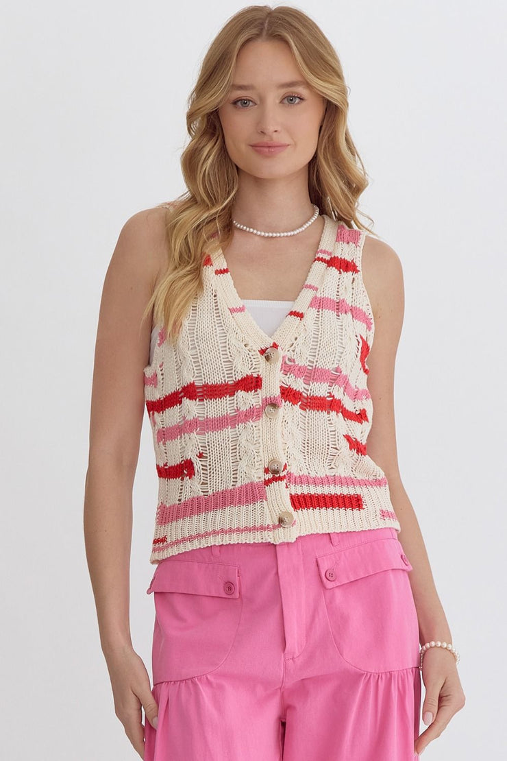 Red Mix Cable Knit Sweater Vest - Large