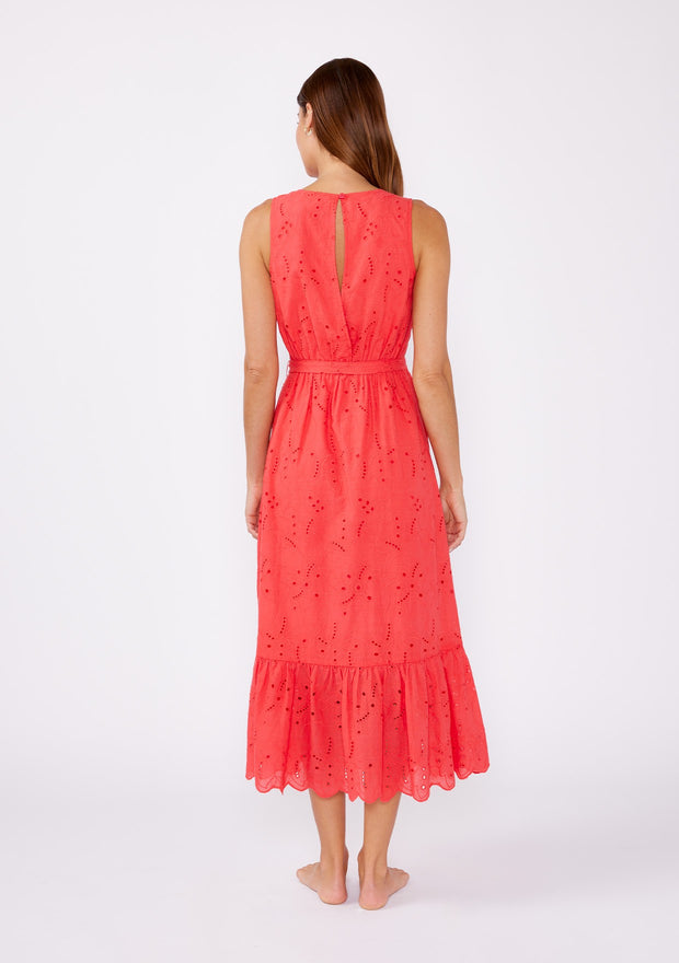 Coral Eyelet Midi Dress