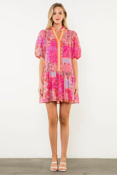 Pink Puff Sleeve Print Dress