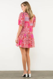 Pink Puff Sleeve Print Dress