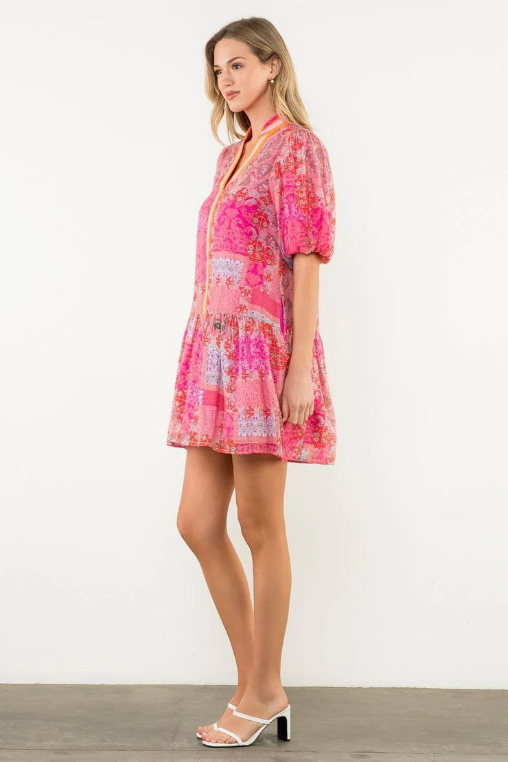 Pink Puff Sleeve Print Dress