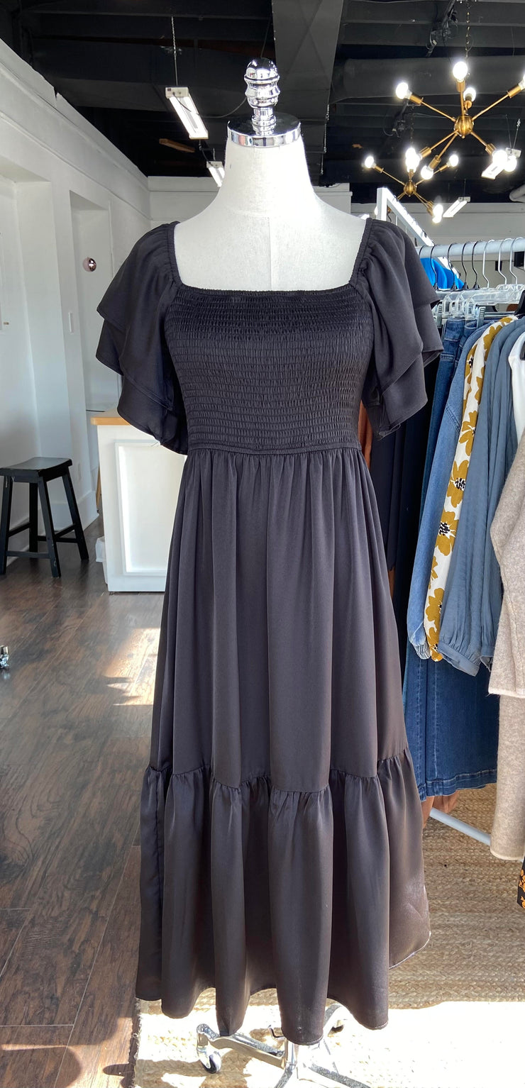 Black Satin Flutter Sleeve Dress