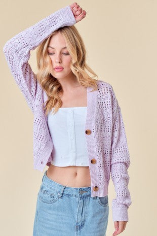 Pointelle Knitted V-Neck Crop Cardigan