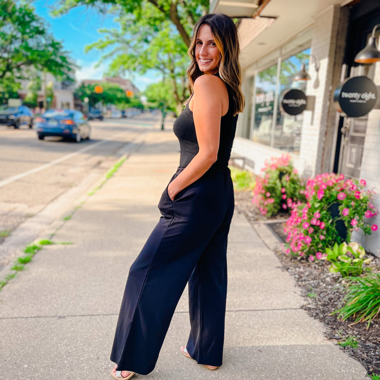 high waist wide leg pants - black