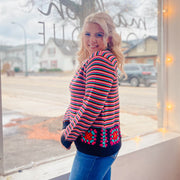 striped embroidery hemline sweater - large